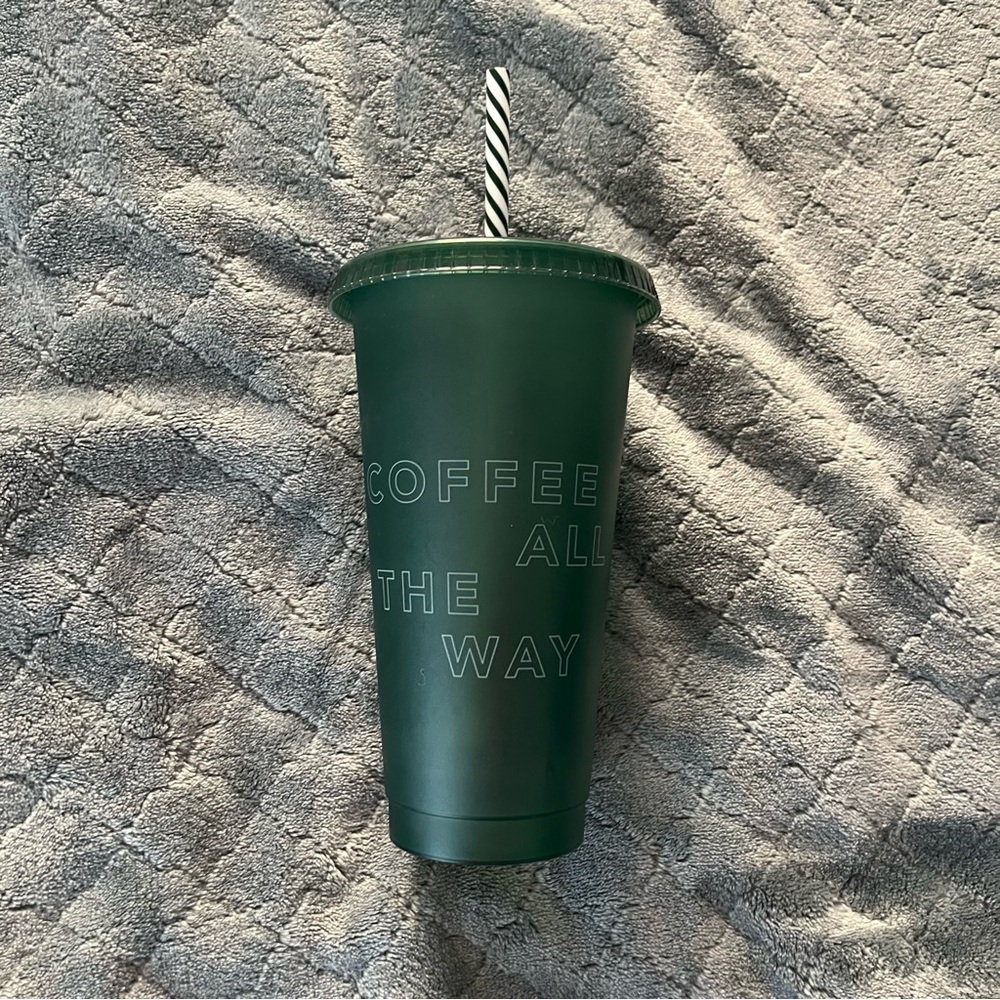 Starbucks Coffee All The Way Reusable‎ Cold Cup 24oz Green Tumbler Striped Straw